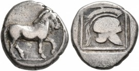 KINGS OF MACEDON. Perdikkas II, 451-413 BC. Tetrobol (Silver, 13 mm, 2.10 g, 7 h). Horse walking right. Rev. Crested helmet to right within linear bor...