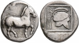 KINGS OF MACEDON. Perdikkas II, 451-413 BC. Tetrobol (Silver, 13 mm, 2.00 g, 6 h). Horse walking right. Rev. Crested helmet to right within linear bor...