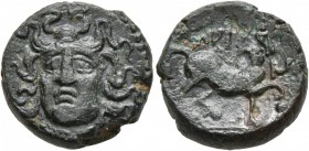 THESSALY. Larissa. Circa 344-337 BC. Tetrachalkon (Bronze, 18 mm, 7.25 g, 11 h). Head of the nymph Larissa facing slightly left. Rev. ΛΑΡΙ Centaur adv...