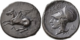 AKARNANIA. Leukas. Circa 375-350 BC. Stater (Silver, 24 mm, 7.73 g). Λ Pegasus flying left. Rev. ΛEY Head of Athena to left, wearing Corinthian helmet...