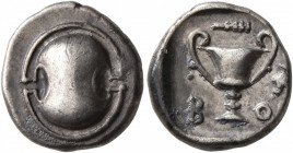 BOEOTIA, Federal Coinage. Circa 395-340 BC. Hemidrachm (Silver, 14 mm, 2.70 g). Boeotian shield. Rev. B-OI Kantharos; above, club right; to right, gra...