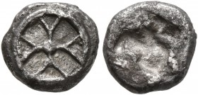 ATTICA. Athens. Circa 515-510 BC. Obol (Silver, 8 mm, 0.57 g), 'Wappenmünzen' type. Wheel with four spokes. Rev. Irregular quadripartite incuse square...