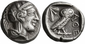 ATTICA. Athens. Circa 430s-420s BC. Drachm (Silver, 14 mm, 4.23 g, 9 h). Head of Athena to right, wrearing crested Attic helmet decorated with three o...