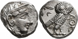 ATTICA. Athens. Circa 393-355 BC. Tetradrachm (Silver, 22 mm, 16.92 g, 9 h). Head of Athena to right, wrearing crested Attic helmet decorated with thr...