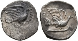 SIKYONIA. Sikyon. Circa 360s-340s/330s BC. Obol (Silver, 7 mm, 0.79 g, 1 h). Dove alighting right, holding fillet in its beak; on wing, I. Rev. ΣI Dov...