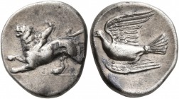 SIKYONIA. Sikyon. Circa 330/20-280 BC. Triobol (Silver, 16 mm, 2.85 g, 12 h). ΣI Chimaera, with right forepaw raised, to left. Rev. Dove flying left. ...
