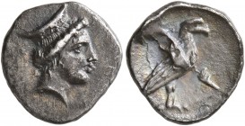 ELIS. Olympia. 108th-11th Olympiad , 348-340 BC. Obol (Silver, 11 mm, 0.94 g, 1 h). Head of Hera to right, wearing stephane. Rev. F Eagle standing rig...