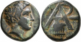 ARKADIA, Arkadian League. Circa 330-275 BC. Trichalkon (Bronze, 17 mm, 6.13 g, 12 h), Megalopolis mint. Horned head of Pan to right. Rev. Monogram of ...