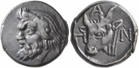 CIMMERIAN BOSPOROS. Pantikapaion. Circa 325-310 BC. AE (Bronze, 17 mm, 5.33 g, 12 h). Head of a satyr to left. Rev. Π-A-N Head of a bull to left. Anok...