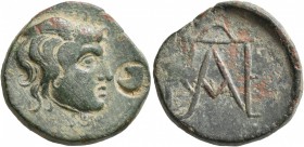 KINGS OF BOSPOROS. Polemo I, circa 14/3-10/9 BC. Tetrachalkon (Bronze, 22 mm, 8.69 g, 12 h). Winged and draped bust of Perseus to right; before, uncer...