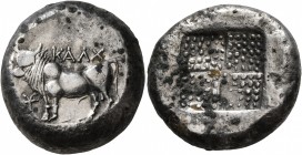 BITHYNIA. Kalchedon. Circa 367/6-340 BC. Tetradrachm (Silver, 21 mm, 15.05 g), Rhodian standard. KAΛX Bull standing left on grain ear. Rev. Quadripart...