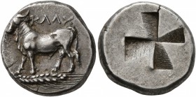 BITHYNIA. Kalchedon. Circa 340-320 BC. Siglos (Silver, 16 mm, 5.30 g), Persic standard. KAΛX Bull standing left on grain ear. Rev. Quadripartite incus...