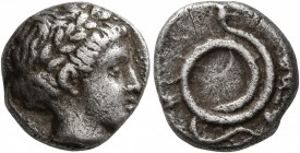 MYSIA. Atarnios. Circa 350-300 BC. Drachm (Silver, 13 mm, 3.06 g, 10 h). Laureate head of Apollo to right. Rev. ATAP Coiled serpent. AMNG IV, 317. SNG...