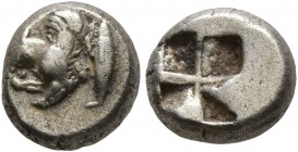 MYSIA. Kyzikos. Circa 550-500 BC. Hemihekte – 1/12 Stater (Electrum, 8 mm, 1.15 g). Forepart of a winged lioness to left; to right, tunny. Rev. Quadri...