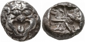 MYSIA. Parion. 5th century BC. Drachm (Silver, 13 mm, 3.93 g). Facing gorgoneion with large ears and protruding tongue. Rev. Irregular pattern within ...