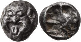 MYSIA. Parion. 5th century BC. Drachm (Silver, 13 mm, 3.74 g). Facing gorgoneion with large ears and protruding tongue. Rev. Irregular pattern within ...