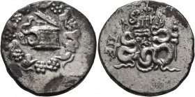 MYSIA. Pergamon. Circa 166-67 BC. Cistophorus (Silver, 26 mm, 12.33 g, 1 h), circa 85-76 BC. Cista mystica from which snake coils; around, ivy wreath ...