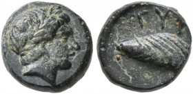 AEOLIS. Gyrneion. 3rd century BC. Hemichalkon (Bronze, 7 mm, 0.69 g, 12 h). Laureate head of Apollo to right. Rev. ΓYP Mussel shell. SNG Copenhagen 20...