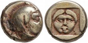 LESBOS. Mytilene. Circa 454-428/7 BC. Hekte (Electrum, 11 mm, 2.51 g, 9 h). Head of Aktaion to right, wearing horn of stag. Rev. Facing gorgoneion wit...