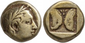 LESBOS. Mytilene. Circa 454-428/7 BC. Hekte (Electrum, 10 mm, 2.46 g, 12 h). Laureate head of Apollo to right. Rev. Confronted rams' heads; palmette a...