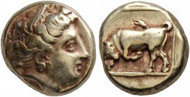 LESBOS. Mytilene. Circa 377-326 BC. Hekte (Electrum, 10 mm, 2.54 g, 9 h). Head of Persephone to right, wearing wreath of grain ears. Rev. Bull butting...