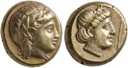 LESBOS. Mytilene. Circa 377-326 BC. Hekte (Electrum, 10 mm, 2.53 g, 12 h). Head of Dionysos to right, wearing wreath of ivy. Rev. Head of Persephone t...