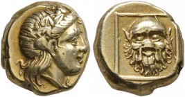 LESBOS. Mytilene. Circa 377-326 BC. Hekte (Electrum, 10 mm, 2.55 g, 1 h). Head of Dionysos to right, wearing ivy-wreath. Rev. Facing head of bearded S...