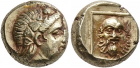 LESBOS. Mytilene. Circa 377-326 BC. Hekte (Electrum, 9 mm, 2.58 g, 12 h). Head of Dionysos to right, wearing ivy-wreath. Rev. Facing head of bearded S...