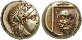 LESBOS. Mytilene. Circa 377-326 BC. Hekte (Electrum, 9 mm, 2.54 g, 12 h). Head of Dionysos to right, wearing ivy-wreath. Rev. Facing head of bearded S...