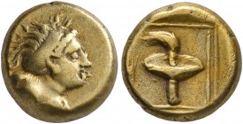 LESBOS. Mytilene. Circa 377-326 BC. Hekte (Electrum, 10 mm, 2.53 g, 6 h). Half length bust of a Maenad, hair in sphendone, to right. Rev. Race torch i...