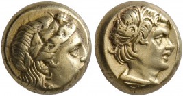 LESBOS. Mytilene. Circa 377-326 BC. Hekte (Electrum, 9 mm, 2.57 g, 12 h). Head of Dionysos to right, wearing wreath of ivy. Rev. Head of youthful Pan ...