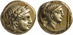 LESBOS. Mytilene. Circa 377-326 BC. Hekte (Electrum, 10 mm, 2.52 g, 12 h). Laureate head of Apollo to right. Rev. Head of a female to right, her hair ...