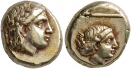 LESBOS. Mytilene. Circa 377-326 BC. Hekte (Electrum, 10 mm, 2.55 g, 12 h). Laureate head of Apollo to right. Rev. Head of a female to right, her hair ...