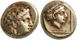 LESBOS. Mytilene. Circa 377-326 BC. Hekte (Electrum, 10 mm, 2.58 g, 11 h). Laureate head of Apollo to right. Rev. Head of a female to right, her hair ...
