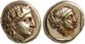 LESBOS. Mytilene. Circa 377-326 BC. Hekte (Electrum, 9 mm, 2.57 g, 11 h). Laureate head of Apollo to right. Rev. Head of a female to right, her hair b...