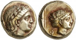 LESBOS. Mytilene. Circa 377-326 BC. Hekte (Electrum, 10 mm, 2.55 g, 1 h). Laureate head of Apollo to right. Rev. Head of a female to right, her hair b...