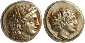 LESBOS. Mytilene. Circa 377-326 BC. Hekte (Electrum, 10 mm, 2.56 g, 1 h). Laureate head of Apollo to right. Rev. Head of a female to right, her hair b...
