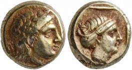 LESBOS. Mytilene. Circa 377-326 BC. Hekte (Electrum, 10 mm, 2.54 g, 12 h). Laureate head of Apollo to right. Rev. Head of a female to right, her hair ...