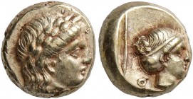 LESBOS. Mytilene. Circa 377-326 BC. Hekte (Electrum, 10 mm, 2.57 g, 1 h). Laureate head of Apollo to right. Rev. Head of a female to right, her hair b...
