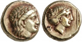 LESBOS. Mytilene. Circa 377-326 BC. Hekte (Electrum, 10 mm, 2.55 g, 6 h). Laureate head of Apollo to right. Rev. Head of a female to right, her hair b...
