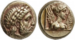 LESBOS. Mytilene. Circa 377-326 BC. Hekte (Electrum, 10 mm, 2.54 g, 12 h). Laureate head of Zeus to right. Rev. Half-length bust of Nike with spread w...