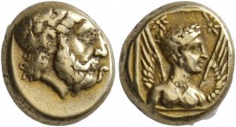 LESBOS. Mytilene. Circa 377-326 BC. Hekte (Electrum, 10 mm, 2.54 g, 12 h). Laureate head of Zeus to right, small serpent before chin. Rev. Half-length...