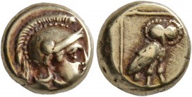 LESBOS. Mytilene. Circa 377-326 BC. Hekte (Electrum, 9 mm, 2.52 g, 12 h). Head of Athena to right, wearing crested Attic helmet. Rev. Owl standing rig...