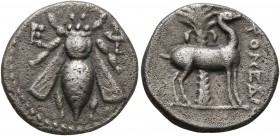 IONIA. Ephesos. Circa 202-150 BC. Drachm (Silver, 17 mm, 3.89 g, 1 h), Automedon, magistrate. Ε-Φ Bee. Rev. [AY]TOMEΔΩ[N] Stag standing right; palm tr...