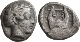 IONIA. Kolophon. Circa 410-400 BC. Drachm (Silver, 16 mm, 5.20 g, 8 h). Laureate head of Apollo to right. Rev. KOΛO-[ΦΩN-ION] Kithara; all within incu...