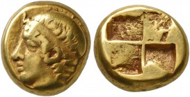 IONIA. Phokaia. Circa 478-387 BC. Hekte (Electrum, 10 mm, 2.53 g). Head of youthful male to left, wearing tainia; to right, [seal downward]. Rev. Quad...