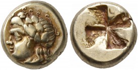 IONIA. Phokaia. Circa 478-387 BC. Hekte (Electrum, 10 mm, 2.51 g). Head of a youthful Satyr to left, with an animal ear and wearing an ivy wreath with...