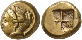 IONIA. Phokaia. Circa 387-326 BC. Hekte (Electrum, 10 mm, 2.54 g). Head of Artemis to left with quiver over shoulder; below, [seal to left]. Rev. Quad...