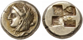 IONIA. Phokaia. Circa 387-326 BC. Hekte (Electrum, 10 mm, 2.52 g). Head of Omphale to left, wearing lion skin headdress of Herakles; club behind neck;...