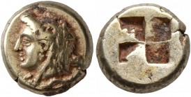 IONIA. Phokaia. Circa 387-326 BC. Hekte (Electrum, 10 mm, 2.54 g). Head of Omphale to left, wearing lion skin headdress of Herakles; club behind neck;...